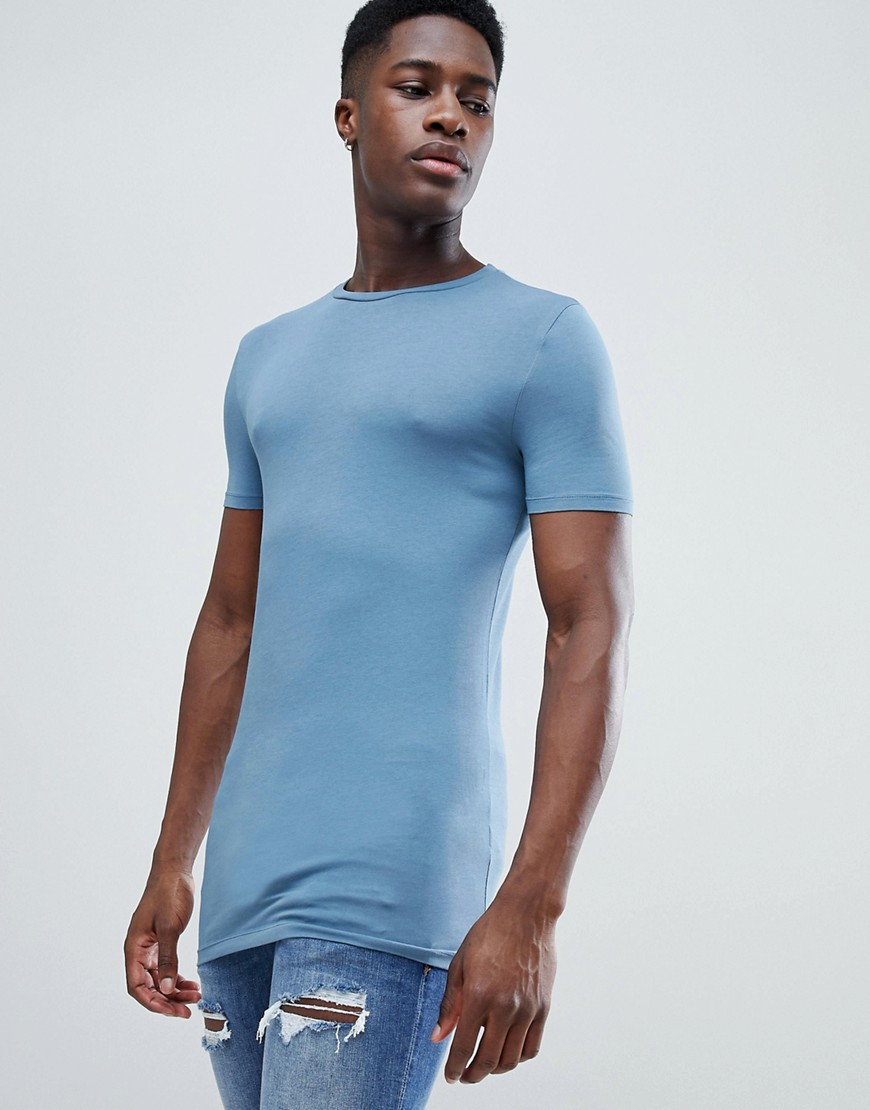ASOS DESIGN – Blå t-shirt i longline och muscle fit med rund halsringning-Grå