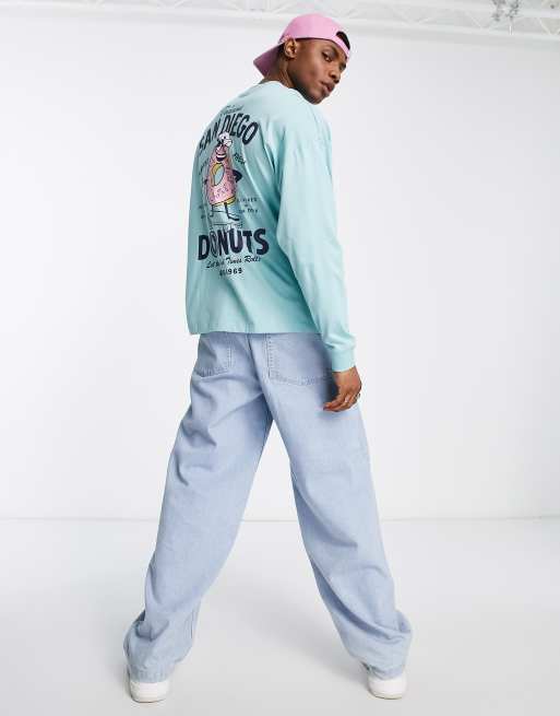 ASOS DESIGN – Blå t-shirt i oversize med lång ärm och tecknad donut baktill, 4 av 4