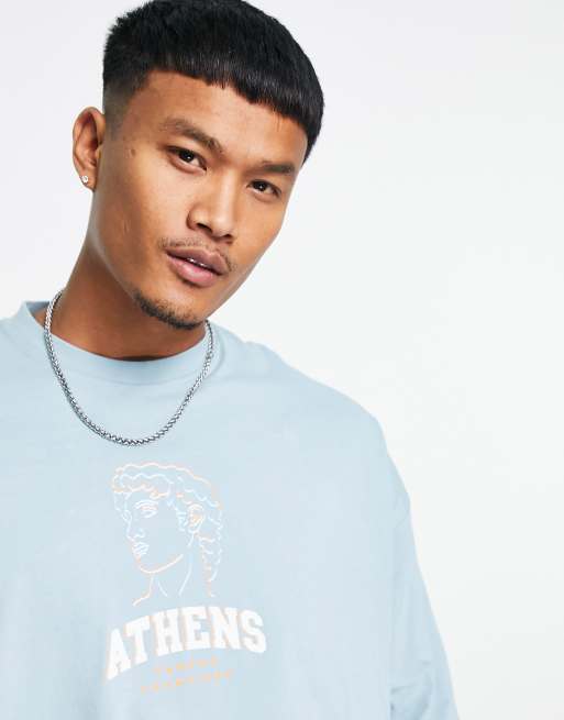 ASOS DESIGN – Blå t-shirt i oversize med linjerat tryck framtill