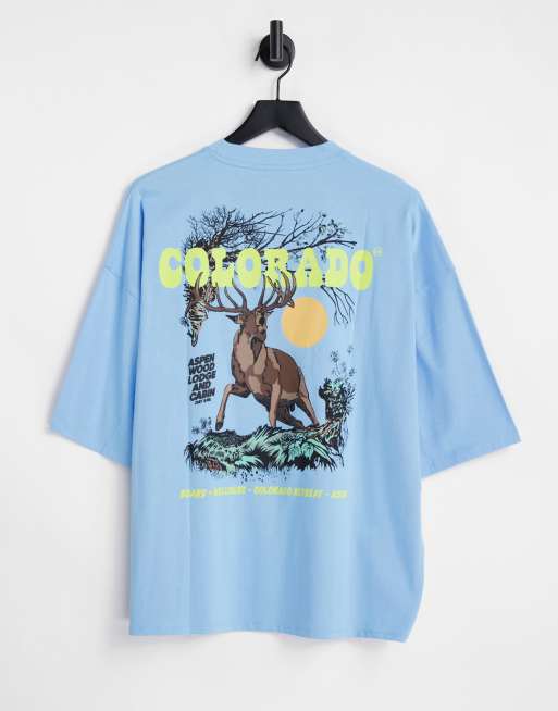 ASOS DESIGN – Blå t-shirt i oversize med natur- och Colorado-tryck baktill och framtill
