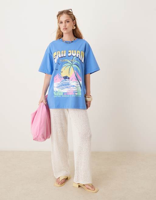 ASOS DESIGN – Blå t-shirt i oversize med San Juan- och palmtryck, 2 av 4