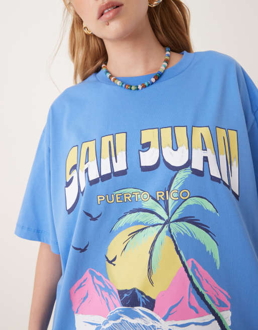 ASOS DESIGN – Blå t-shirt i oversize med San Juan- och palmtryck, 3 av 4