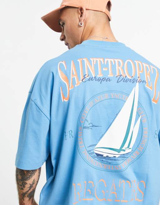 ASOS DESIGN – Blå t-shirt i oversize med segeltryck baktill
