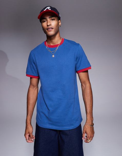 ASOS DESIGN - Blå T-shirt med rund hals og røde kontrastkanter - view 1