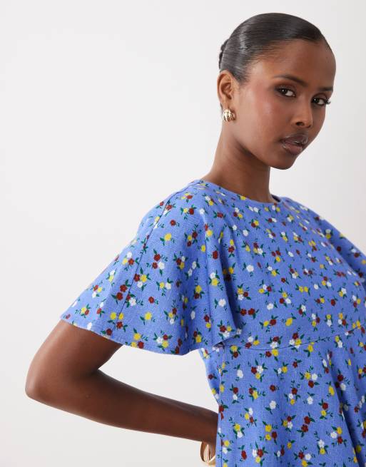 ASOS DESIGN - Blå T-shirt-minikjole med smock-snit og småblomstret print, 2 af 4