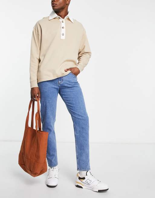 ASOS DESIGN - blå Tapered jeans med stræk i mid wash blå, 4 af 4