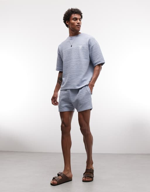 ASOS DESIGN – Blå, texturerad, kraftig t-shirt i oversize med boxig passform och tryck på bröstet, del av set, 2 av 5