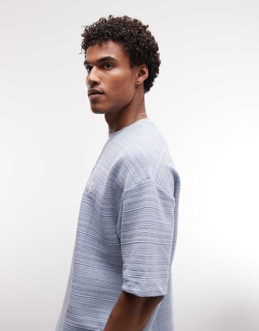 ASOS DESIGN – Blå, texturerad, kraftig t-shirt i oversize med boxig passform och tryck på bröstet, del av set, 5 av 5