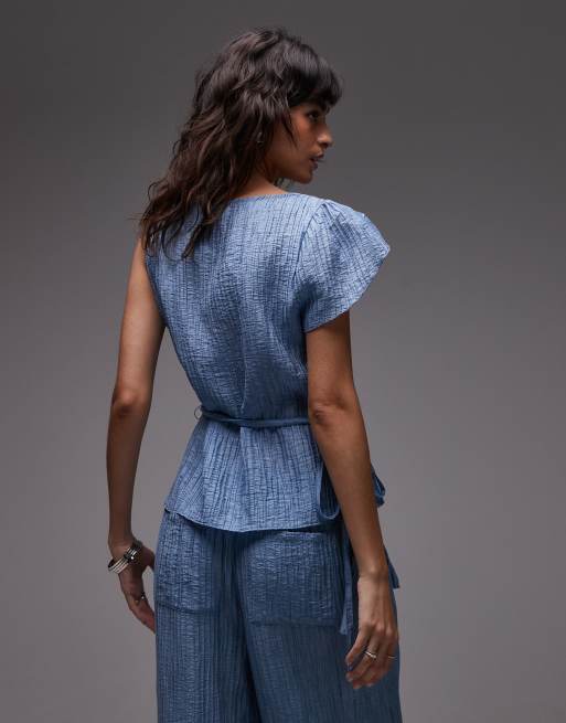 ASOS DESIGN - Blå top i krølstof med asymmetrisk bindebånd i taljen - Del af sæt , 4 af 4