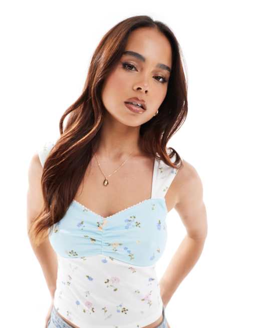 ASOS DESIGN - Blå top med brede stropper og småblomstret print