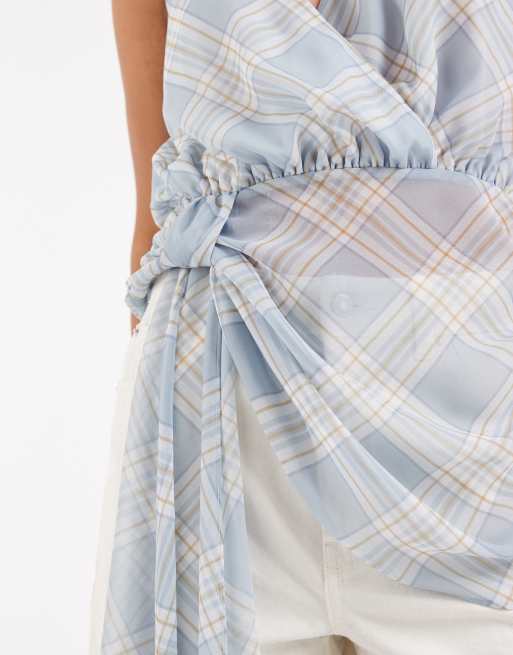 ASOS DESIGN - Blå top med slå-om-talje med bindebånd og tern i chiffon - Del af sæt, 3 af 4