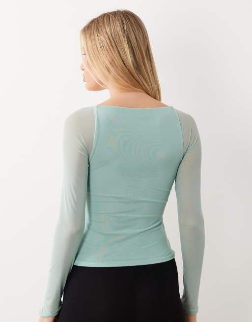 ASOS DESIGN – Blå topp i mesh med långa ärmar och synliga sömmar, 4 av 4