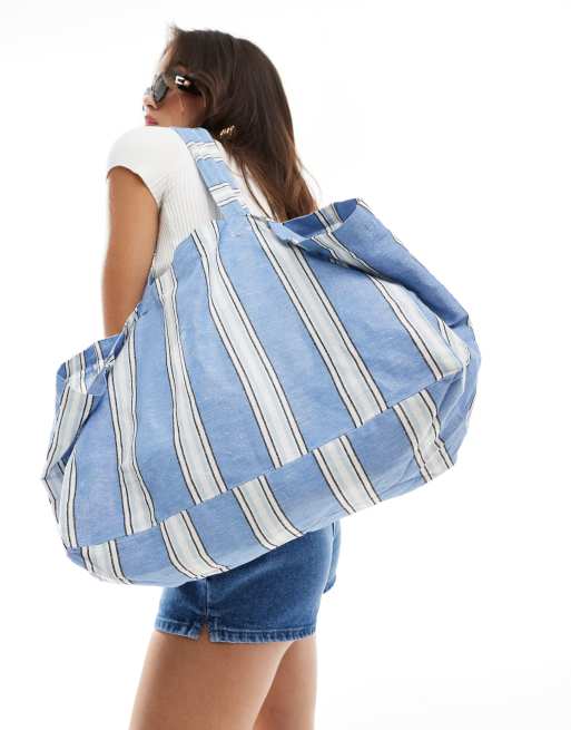 ASOS DESIGN - Blå tote-taske med striber i hør, 4 af 4