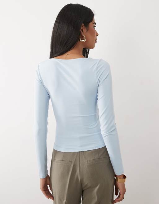 ASOS DESIGN - Blå tætsiddende top med dyb V-hals i polyamid, 4 af 4