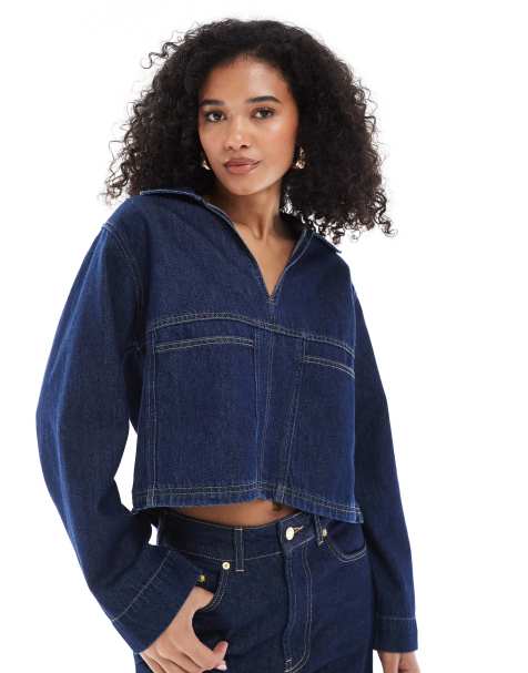 ASOS DESIGN – Blå, tvättad, kort rugbytopp i denim - view 1
