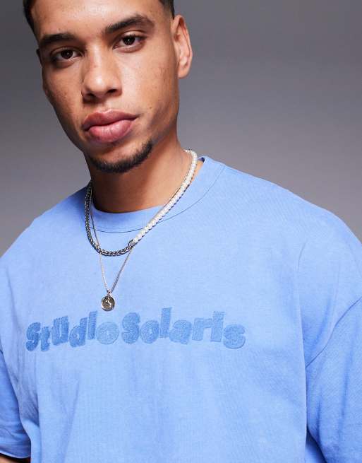 ASOS DESIGN – Blå, tvättad, kraftig t-shirt i oversize med boxig passform och broderad text , 3 av 4