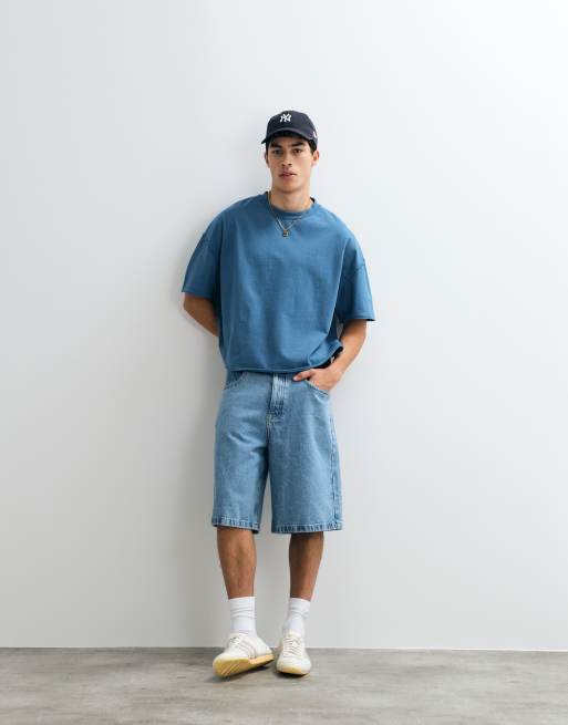 ASOS DESIGN – Blå, tvättad, kraftig t-shirt i oversize med boxig passform och rå fåll, 2 av 5