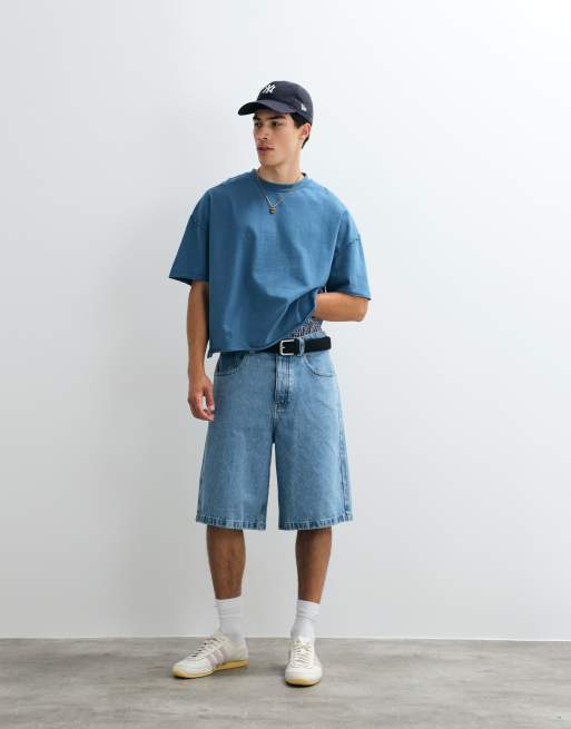 ASOS DESIGN – Blå, tvättad, kraftig t-shirt i oversize med boxig passform och rå fåll, 4 av 5