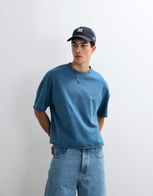 ASOS DESIGN – Blå, tvättad, kraftig t-shirt i oversize med boxig passform och rå fåll, 5 av 5