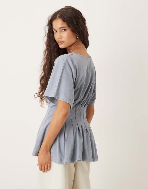 ASOS DESIGN – Blå, tvättad t-shirt med korsettmidja och veck, 3 av 4