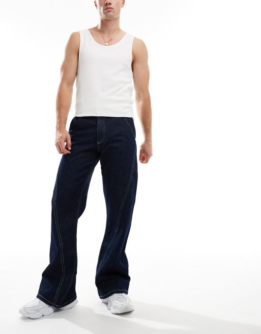 ASOS DESIGN – Blå, vida och utsvängda jeans med kontrastsömmar, 4 av 5