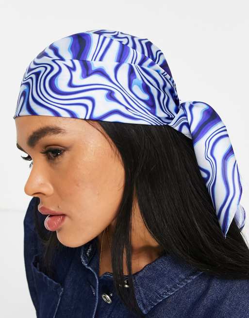 ASOS DESIGN – Blå virvelmönstrad medelstor hårsjal i polysatin - MBLUE, 3 av 4