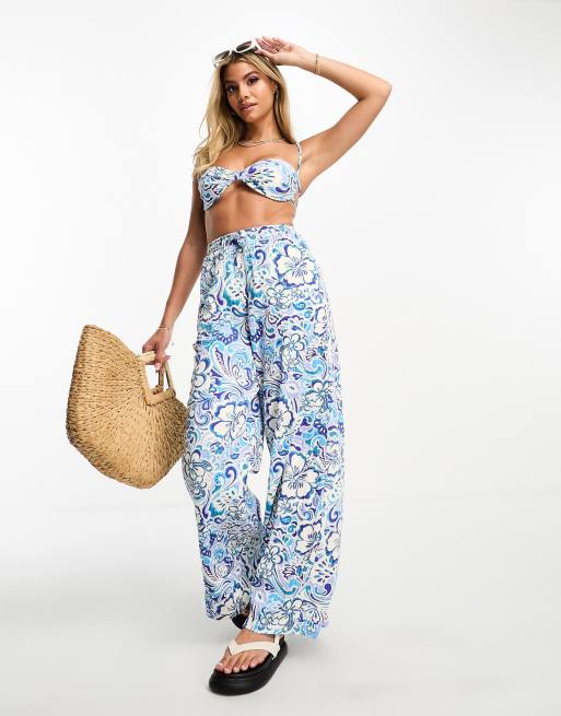 ASOS DESIGN – Blå, virvelmönstrad och krinklade byxor med vida ben, del av set 