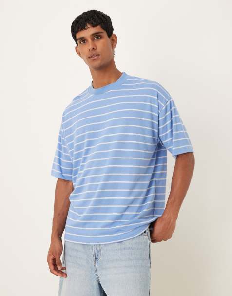 ASOS DESIGN – Blå, vitrandig och texturerad t-shirt i oversize - view 1