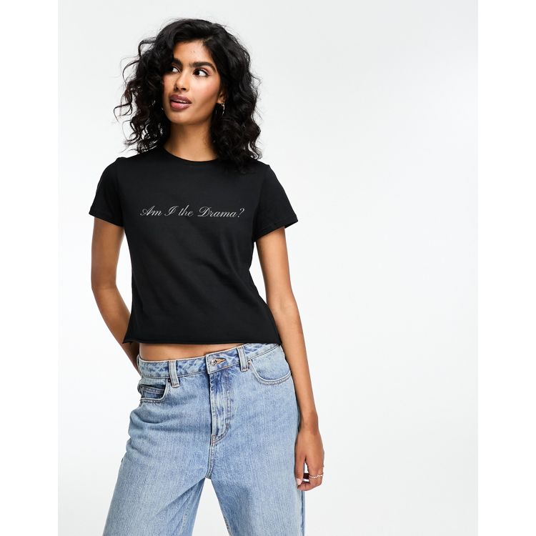 ASOS DESIGN black baby tee with am i the drama graphic in black