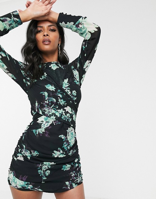 ASOS DESIGN black based floral mini dress with long sleeve and ruched detail