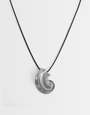 Asos Design Black Corded Necklace With Shell Pendant In Metallic