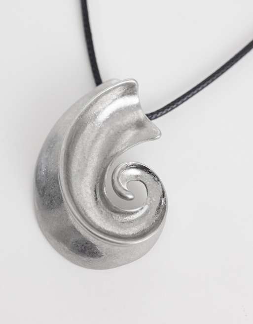 ASOS DESIGN black corded necklace with shell pendant in worn silver tone, 3 of 4