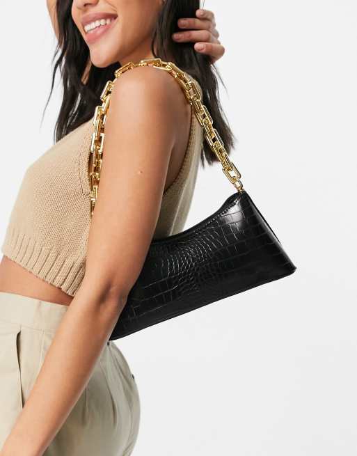 ASOS DESIGN black croc effect shoulder bag with chunky chain