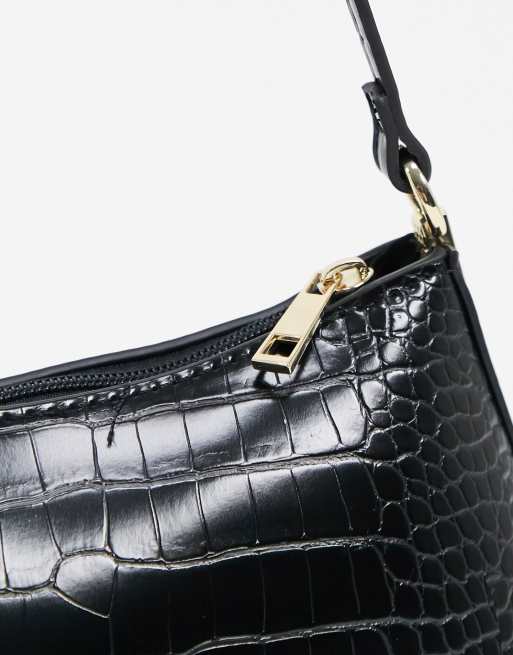 ASOS DESIGN black croc effect shoulder bag with hardware tabs