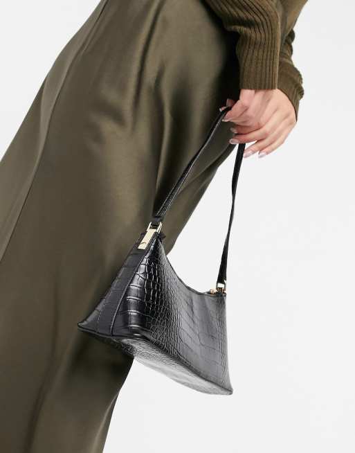 ASOS DESIGN black croc effect shoulder bag with hardware tabs