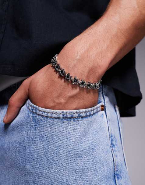 ASOS DESIGN black crystals star bracelet in silver - view 1