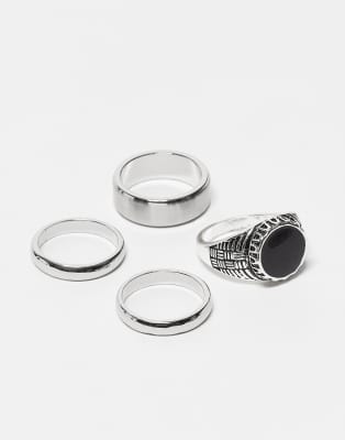 ASOS DESIGN black enamel 4 pack signet rings in silver