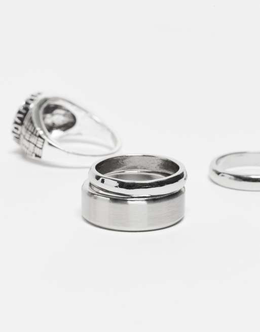 ASOS DESIGN black enamel 4 pack signet rings in silver