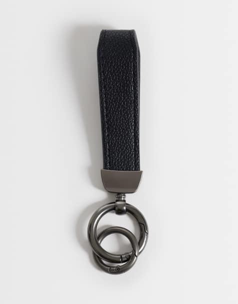 ASOS DESIGN black faux leather key chain strap in silver - view 1