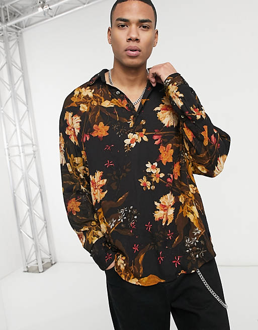 ASOS DESIGN black floral overhead shirt in crinkle fabric