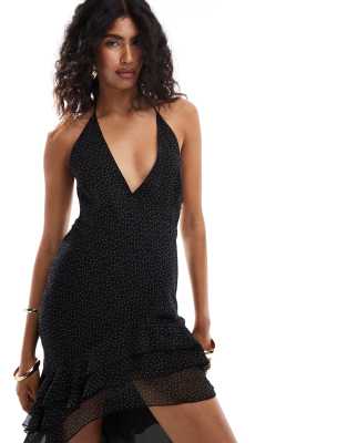 ASOS DESIGN BLACK HALTER MAXI DRESS WITH RUFFLE DETAIL AND HIGH-LOW HEM 