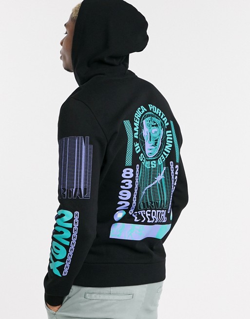 ASOS DESIGN black hoodie with multi placement print detail