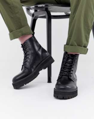 asos design lace up boots in black leather with chunky sole