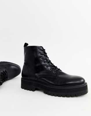 asos design lace up boots in black leather with chunky sole