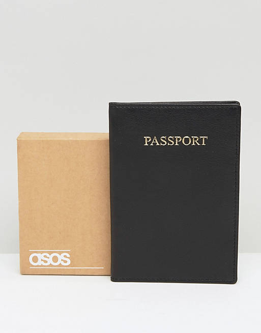 ASOS DESIGN black leather passport cover in gift box