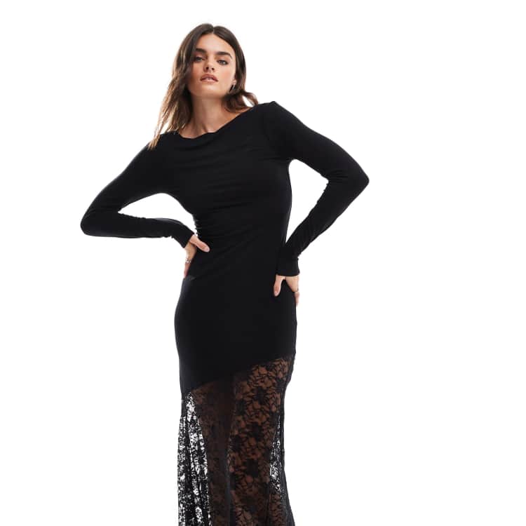 asos black long sleeve lace dress ASOS DESIGN long sleeve lace paneled maxi dress in black