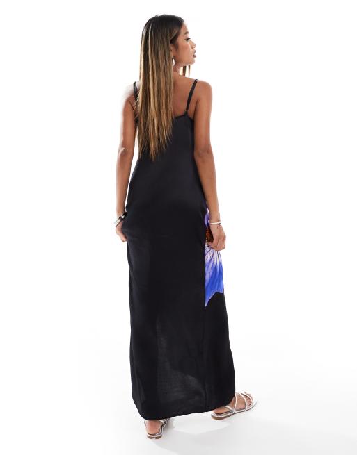 ASOS Design Black satin dress with floral print Multi