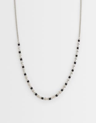 Asos Design Black Stone And Cross Chain Necklace In Metallic