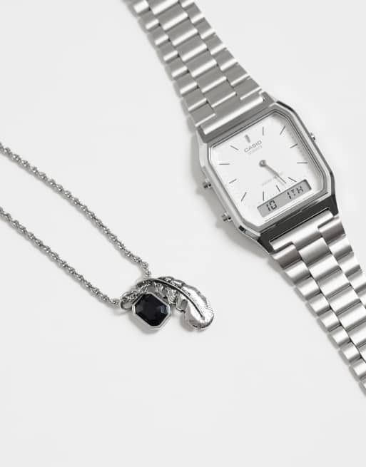 ASOS DESIGN black stone and feather pendant necklace in silver, 2 of 4