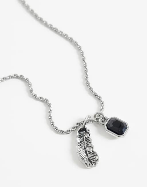 ASOS DESIGN black stone and feather pendant necklace in silver, 4 of 4